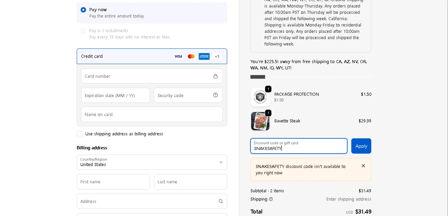 Primal Pastures discount code screenshot showing code SNAKESAFETY applied at Primal Pastures checkout page. Uploaded by SimplyCodes community member DiscountHero6246 on Dec 18, 2025