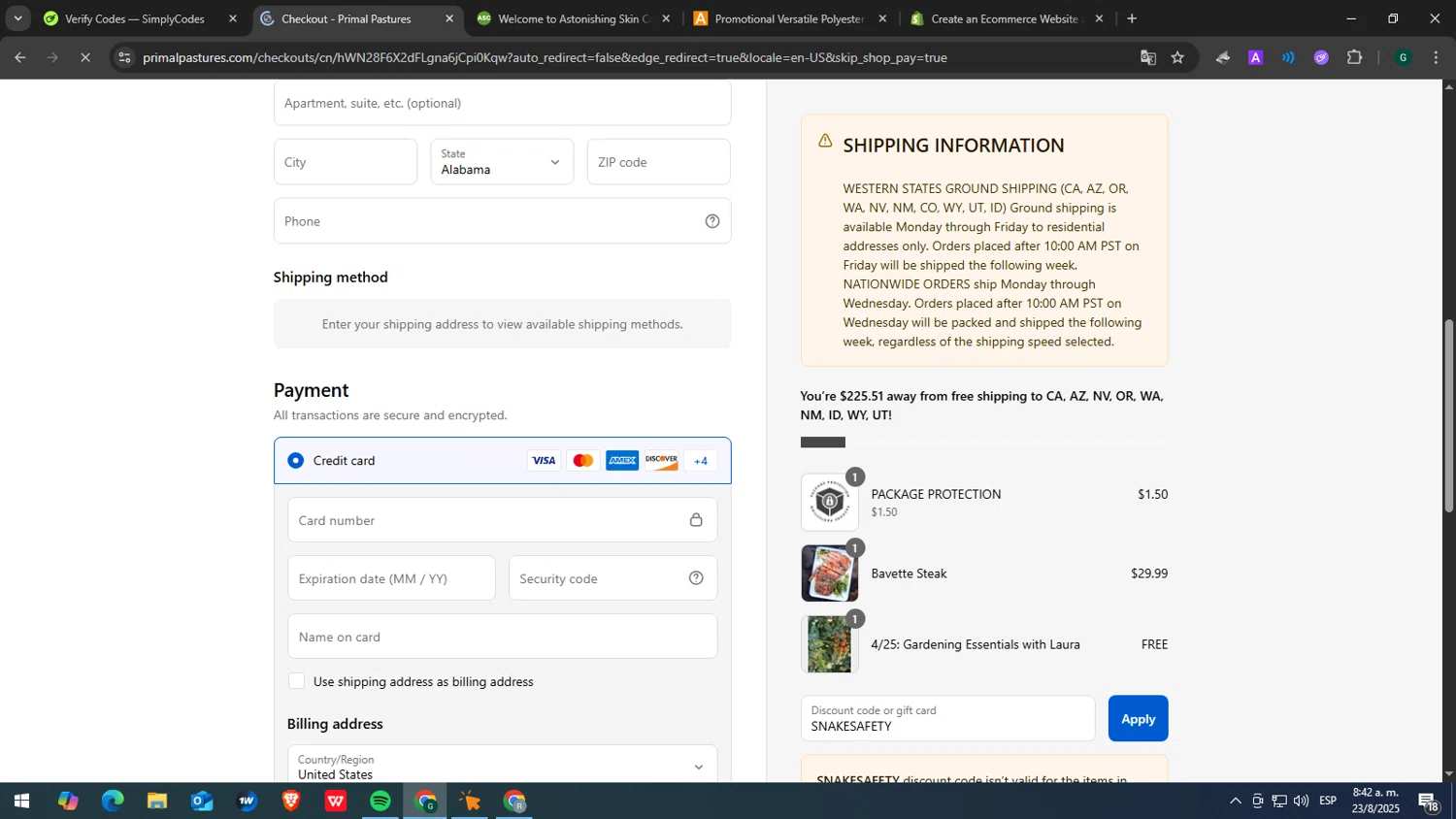 Primal Pastures discount code screenshot showing code SNAKESAFETY applied at Primal Pastures checkout page. Uploaded by SimplyCodes community member yasabesssss on Aug 23, 2025