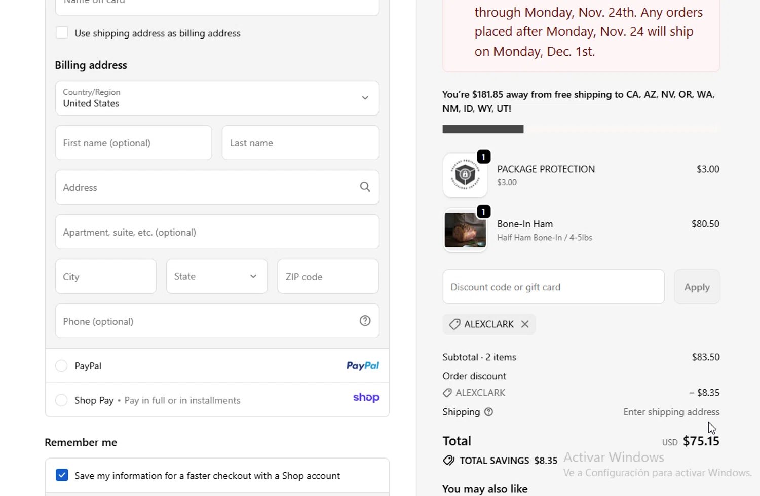 Primal Pastures discount code screenshot showing code ALEXCLARK applied at Primal Pastures checkout page. Uploaded by SimplyCodes community member BudgetGuardian5712 on Dec 1, 2025