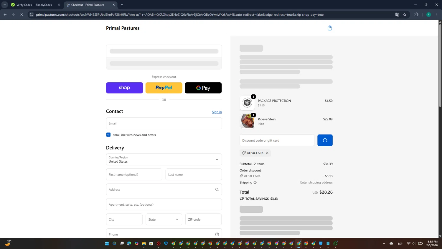 Primal Pastures checkout page showing Primal Pastures discount code box | Screenshot taken by SimplyCodes community member on Feb 6, 2026
