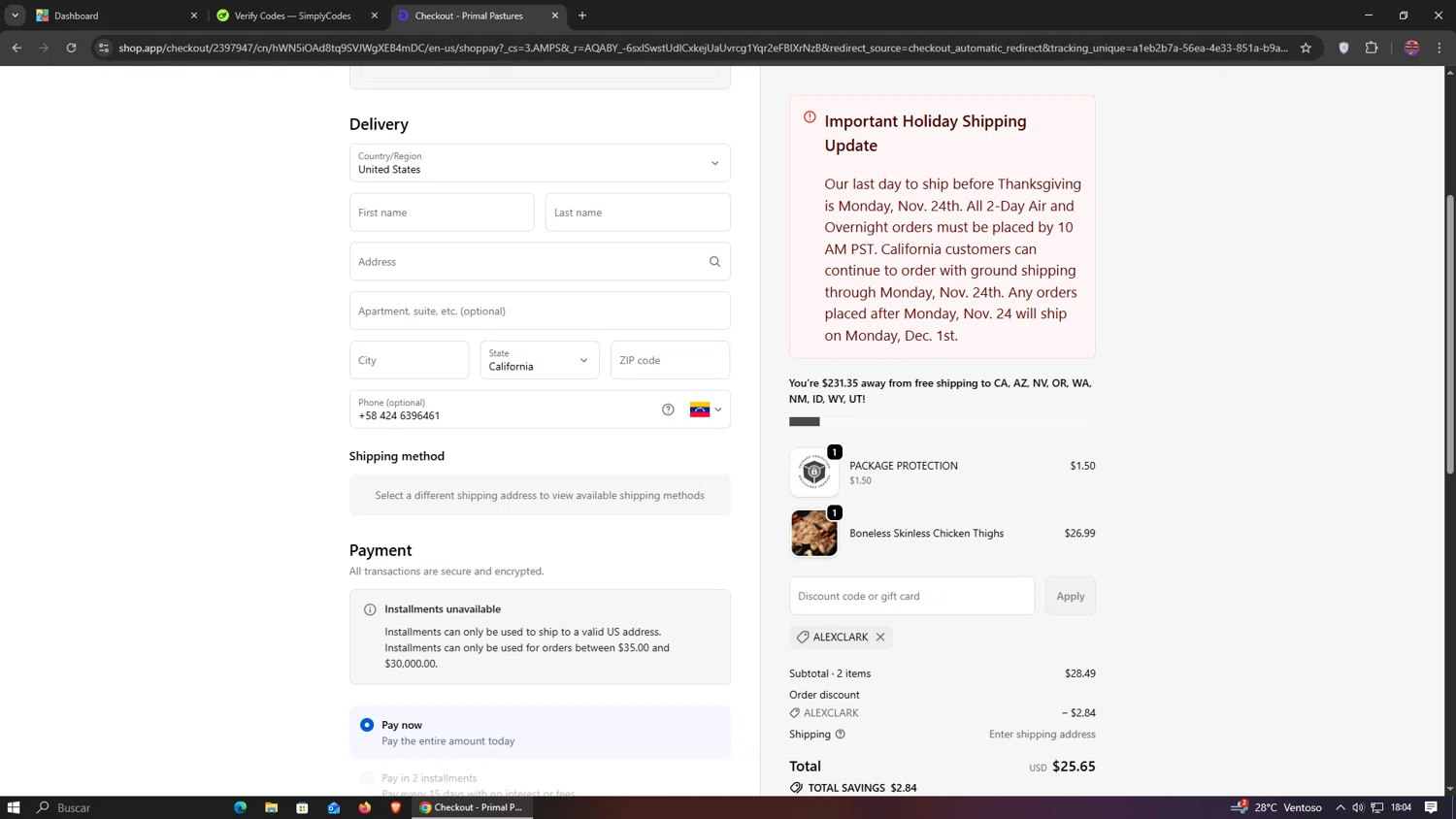 Primal Pastures discount code screenshot showing code ALEXCLARK applied at Primal Pastures checkout page. Uploaded by SimplyCodes community member RebateHawk1800 on Nov 25, 2025