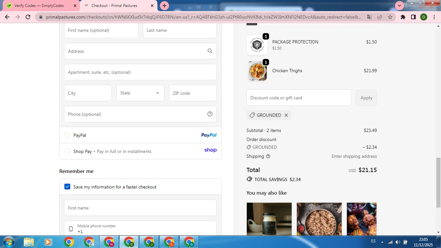 Primal Pastures discount code screenshot showing code GROUNDED applied at Primal Pastures checkout page. Uploaded by SimplyCodes community member SilverMonarch5527 on Dec 12, 2025