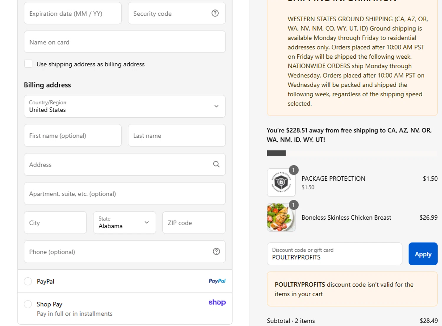 Primal Pastures discount code screenshot showing code POULTRYPROFITS applied at Primal Pastures checkout page. Uploaded by SimplyCodes community member ashe1986 on Sep 2, 2025