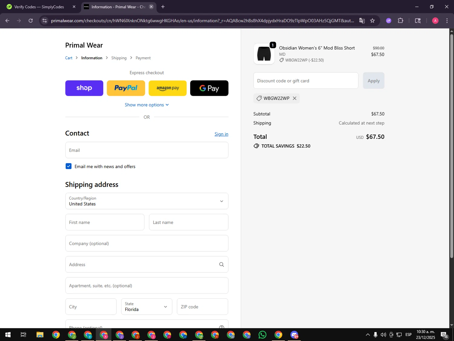 Primal Wear discount code screenshot showing code WBGW22WP applied at Primal Wear checkout page. Uploaded by SimplyCodes community member CrownHawk3462 on Dec 23, 2025