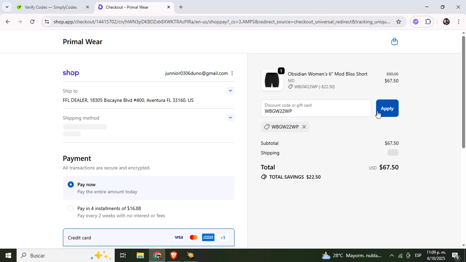 Primal Wear discount code screenshot showing code WBGW22WP applied at Primal Wear checkout page. Uploaded by SimplyCodes community member Junniorduno on Oct 7, 2025