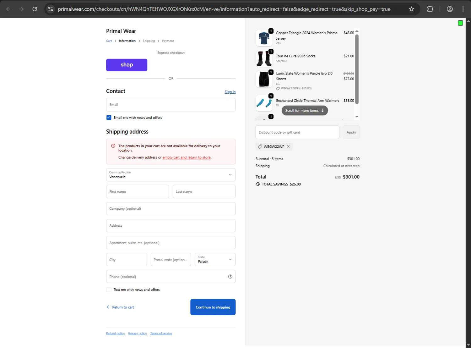 Primal Wear discount code screenshot showing code WBGW22WP applied at Primal Wear checkout page. Uploaded by SimplyCodes community member megagei on Oct 23, 2025