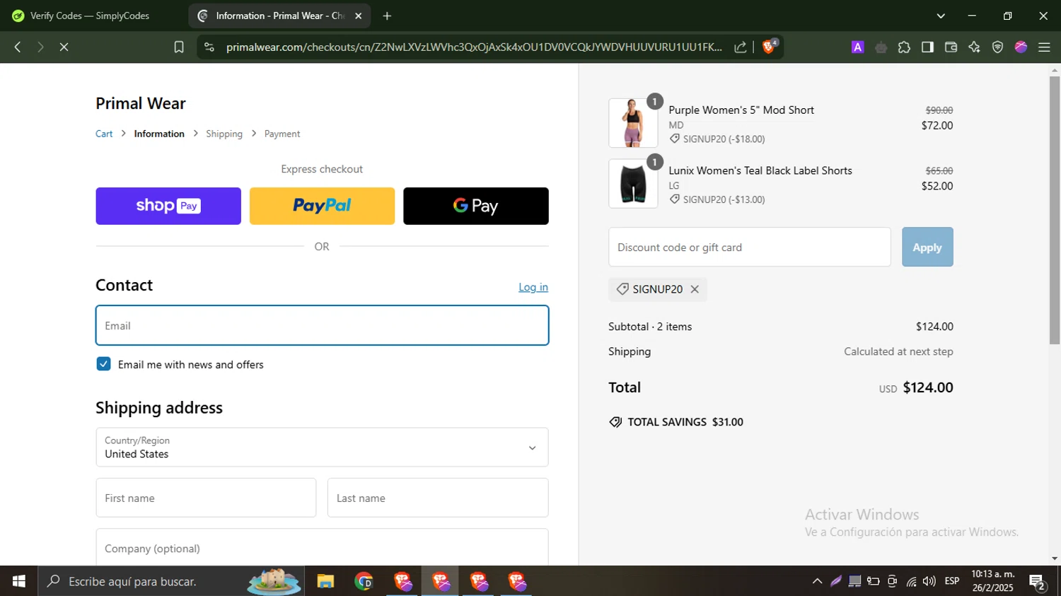 Primal Wear discount code screenshot showing code SIGNUP20 applied at Primal Wear checkout page. Uploaded by SimplyCodes community member WonderHawk4190 on Feb 26, 2025
