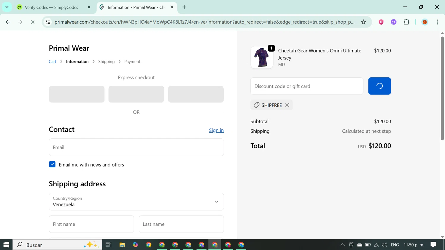 Primal Wear discount code screenshot showing code SHIPFREE applied at Primal Wear checkout page. Uploaded by SimplyCodes community member ABUSAMADRES_ on Oct 7, 2025