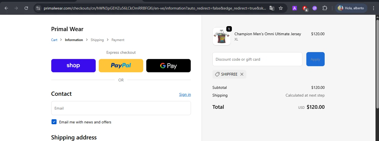 Primal Wear discount code screenshot showing code SHIPFREE applied at Primal Wear checkout page. Uploaded by SimplyCodes community member BrilliantFox7966 on Oct 7, 2025