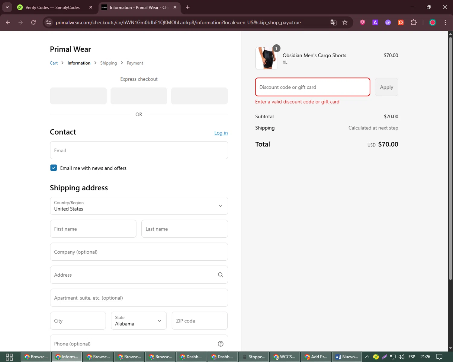 Primal Wear discount code screenshot showing code FLASH25 applied at Primal Wear checkout page. Uploaded by SimplyCodes community member David_Garcia on Jul 31, 2025