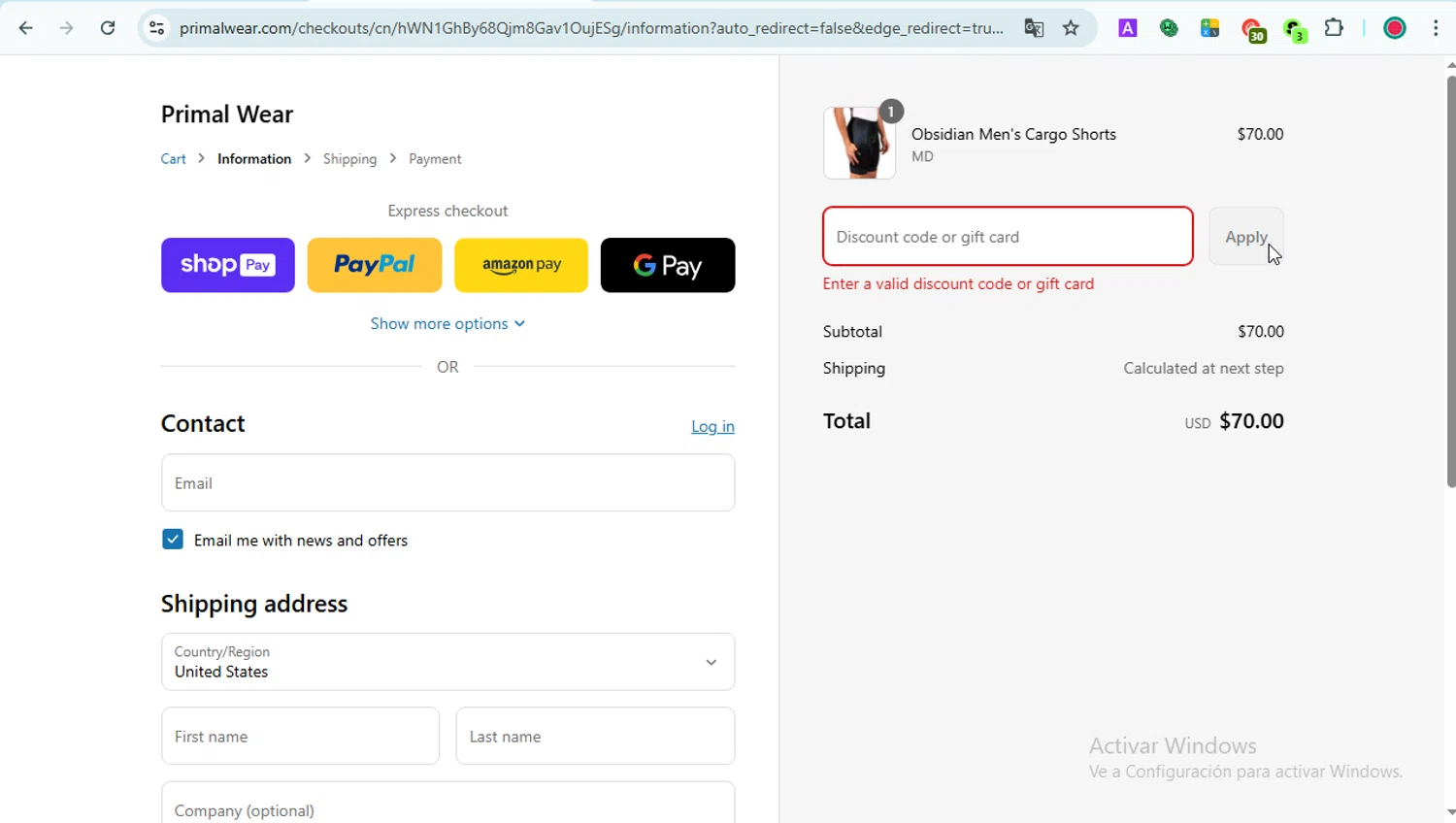 Primal Wear discount code screenshot showing code FLASH25 applied at Primal Wear checkout page. Uploaded by SimplyCodes community member LOVECOUPON on Jul 31, 2025