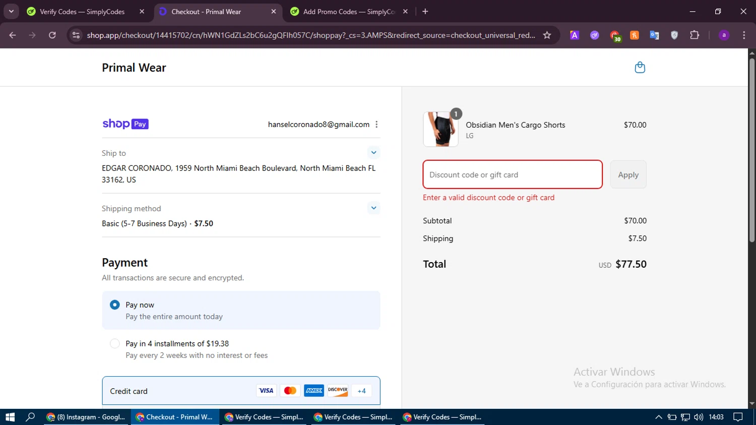 Primal Wear discount code screenshot showing code FLASH25 applied at Primal Wear checkout page. Uploaded by SimplyCodes community member thethru on Jul 31, 2025