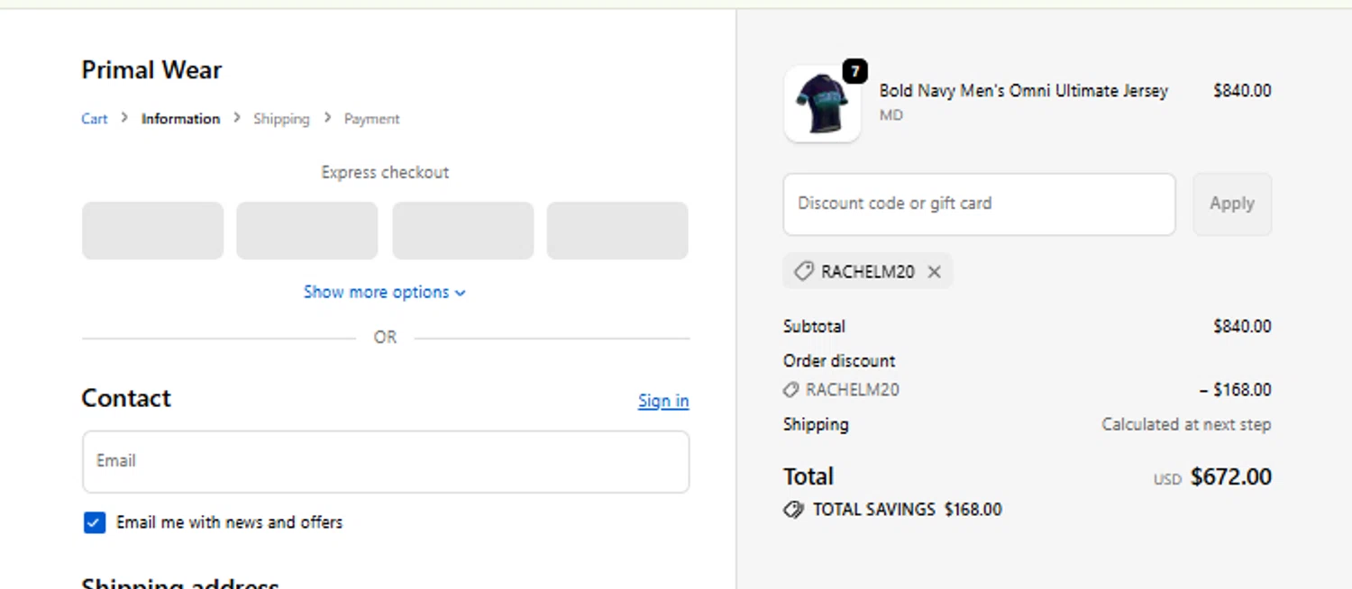 Primal Wear discount code screenshot showing code rachelm20 applied at Primal Wear checkout page. Uploaded by SimplyCodes community member Josemedina on Nov 9, 2025