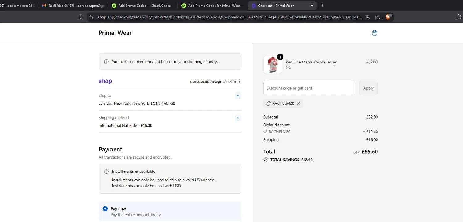 Primal Wear discount code screenshot showing code rachelm20 applied at Primal Wear checkout page. Uploaded by SimplyCodes community member Mdeoca on Nov 7, 2025