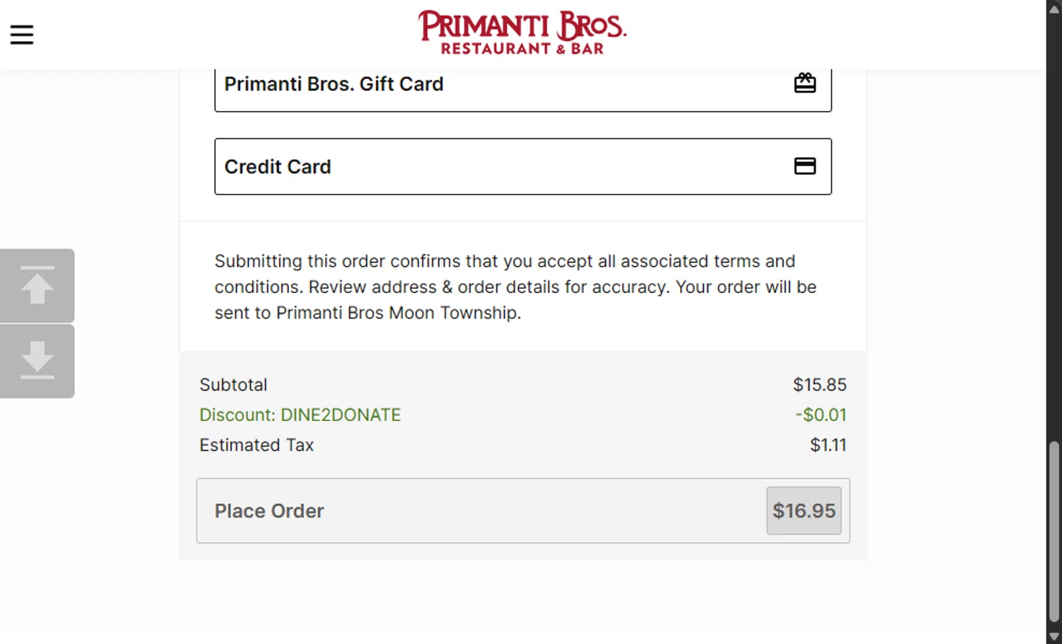 Primanti Bros coupon code screenshot showing code DINE2DONATE applied at Primanti Bros checkout page. Uploaded by SimplyCodes community member 111111 on Nov 18, 2025