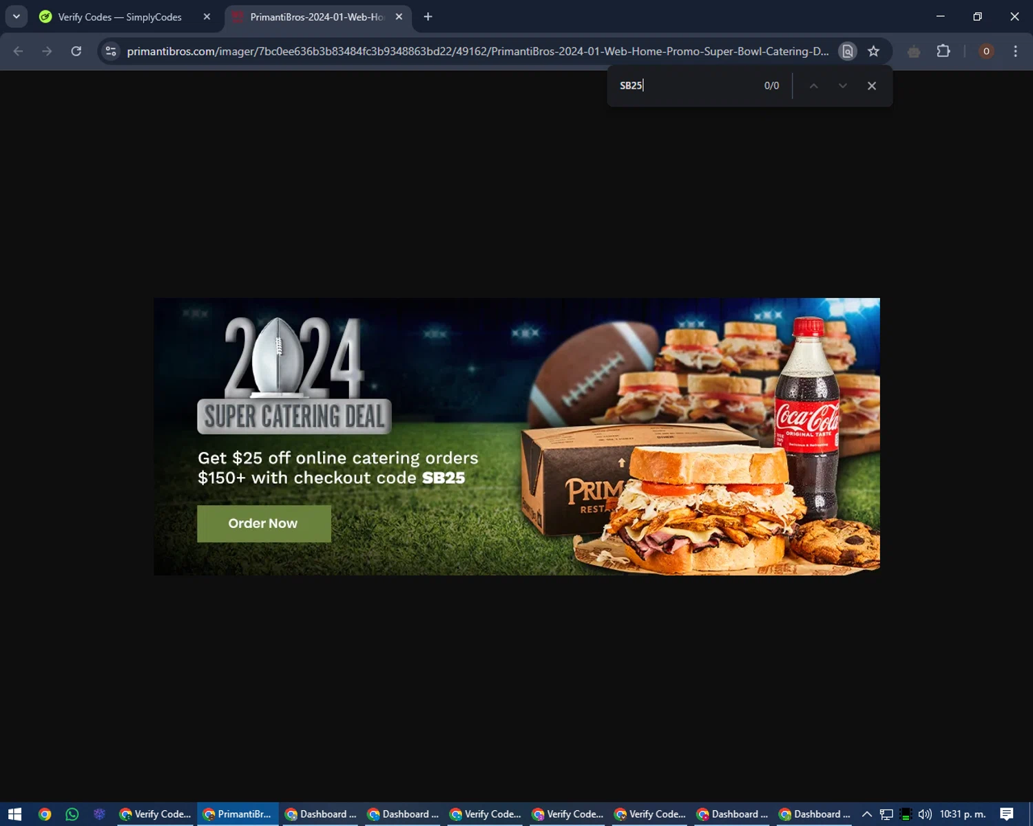 Primanti Bros coupon code screenshot showing code SB25 applied at Primanti Bros checkout page. Uploaded by SimplyCodes community member Legendar on Jan 27, 2025