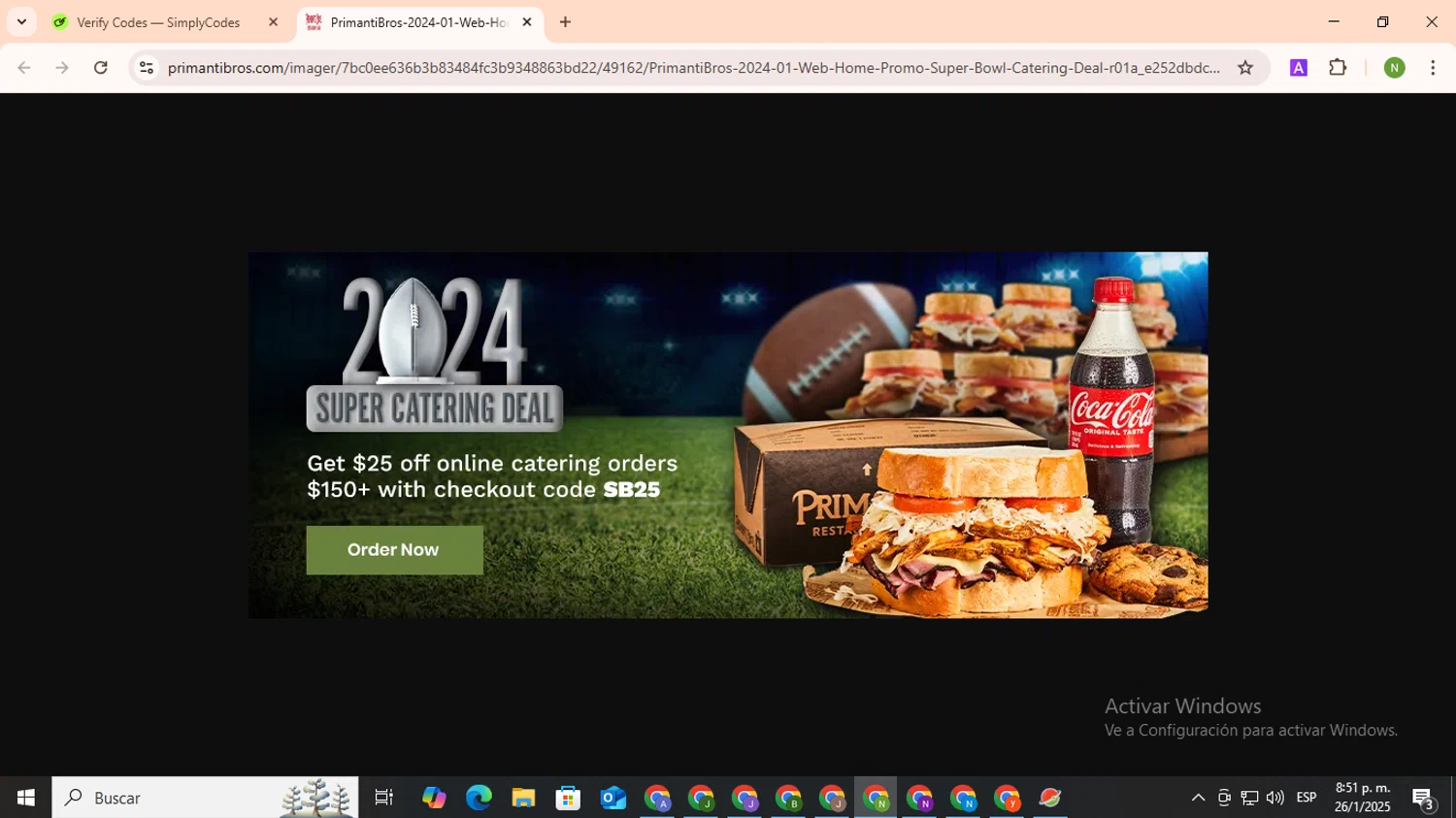 Primanti Bros coupon code screenshot showing code SB25 applied at Primanti Bros checkout page. Uploaded by SimplyCodes community member TokenMaverick6956 on Jan 27, 2025