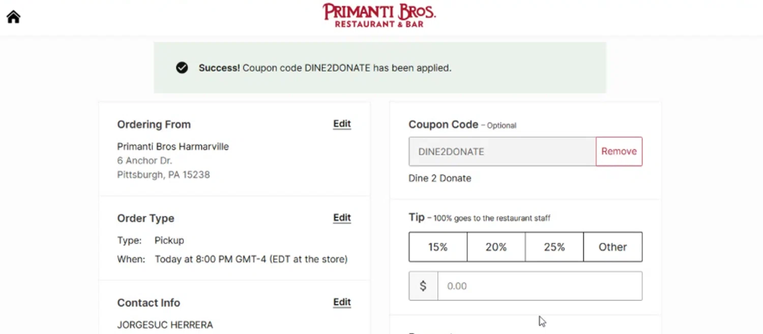 Primanti Bros checkout page showing Primanti Bros coupon code box | Screenshot taken by SimplyCodes community member on Sep 12, 2025