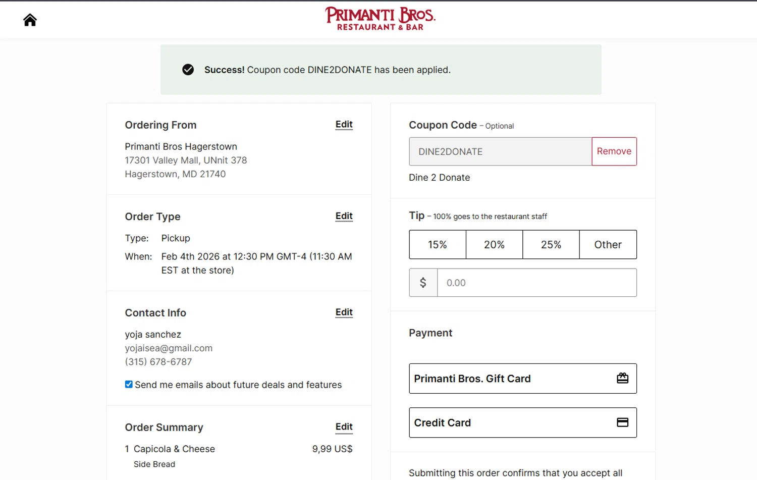 Primanti Bros checkout page showing Primanti Bros coupon code box | Screenshot taken by SimplyCodes community member on Jan 21, 2026