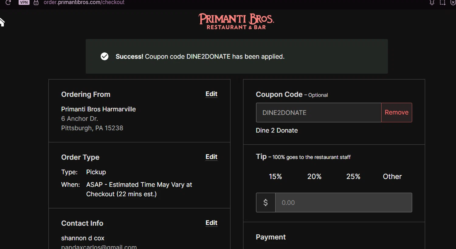Primanti Bros coupon code screenshot showing code DINE2DONATE applied at Primanti Bros checkout page. Uploaded by SimplyCodes community member chepipro on Oct 11, 2025