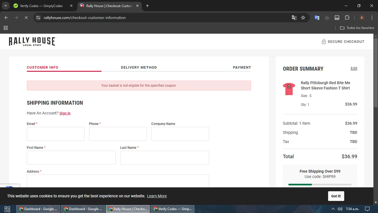 Primanti Bros coupon code screenshot showing code SHIP99 applied at Primanti Bros checkout page. Uploaded by SimplyCodes community member MoneyPioneer4925 on Jan 31, 2025