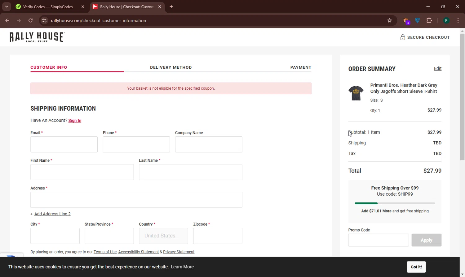 Primanti Bros coupon code screenshot showing code SHIP99 applied at Primanti Bros checkout page. Uploaded by SimplyCodes community member SavingsGuardian685 on Jan 31, 2025