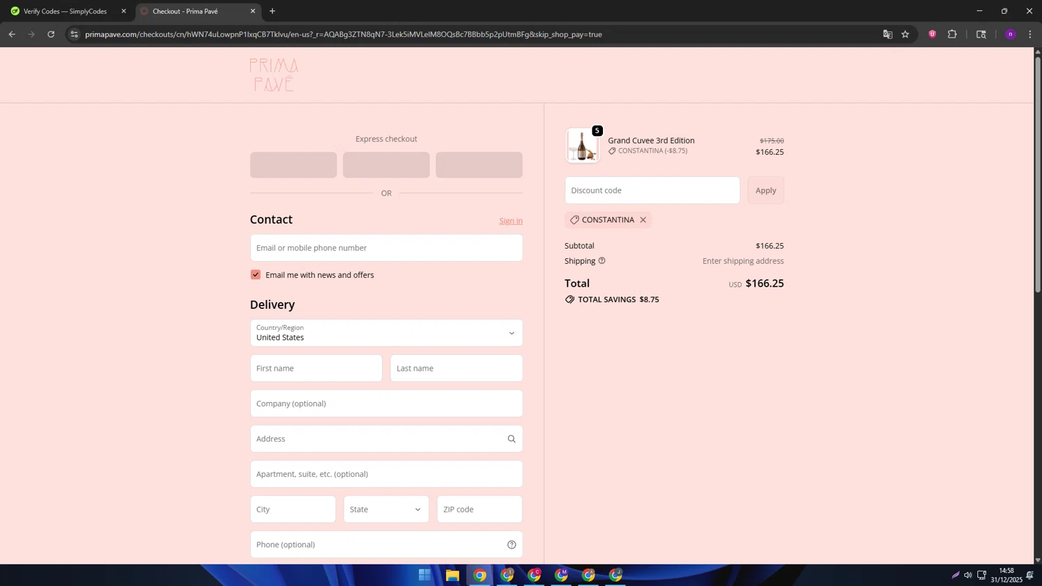 Prima Pave promo code screenshot showing code CONSTANTINA applied at Prima Pave checkout page. Uploaded by SimplyCodes community member AVAMUSTANG on Dec 31, 2025