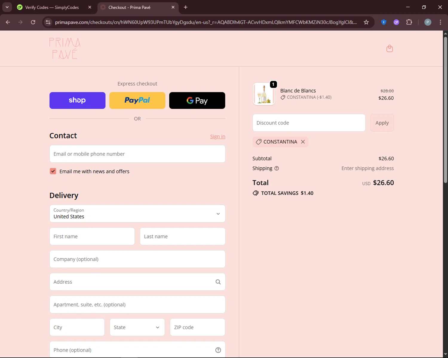 Prima Pave promo code screenshot showing code CONSTANTINA applied at Prima Pave checkout page. Uploaded by SimplyCodes community member DiscountEagle6247 on Dec 3, 2025