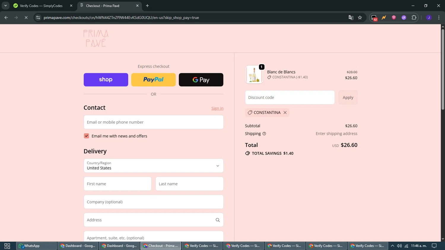 Prima Pave promo code screenshot showing code CONSTANTINA applied at Prima Pave checkout page. Uploaded by SimplyCodes community member WiseMaven9968 on Oct 13, 2025