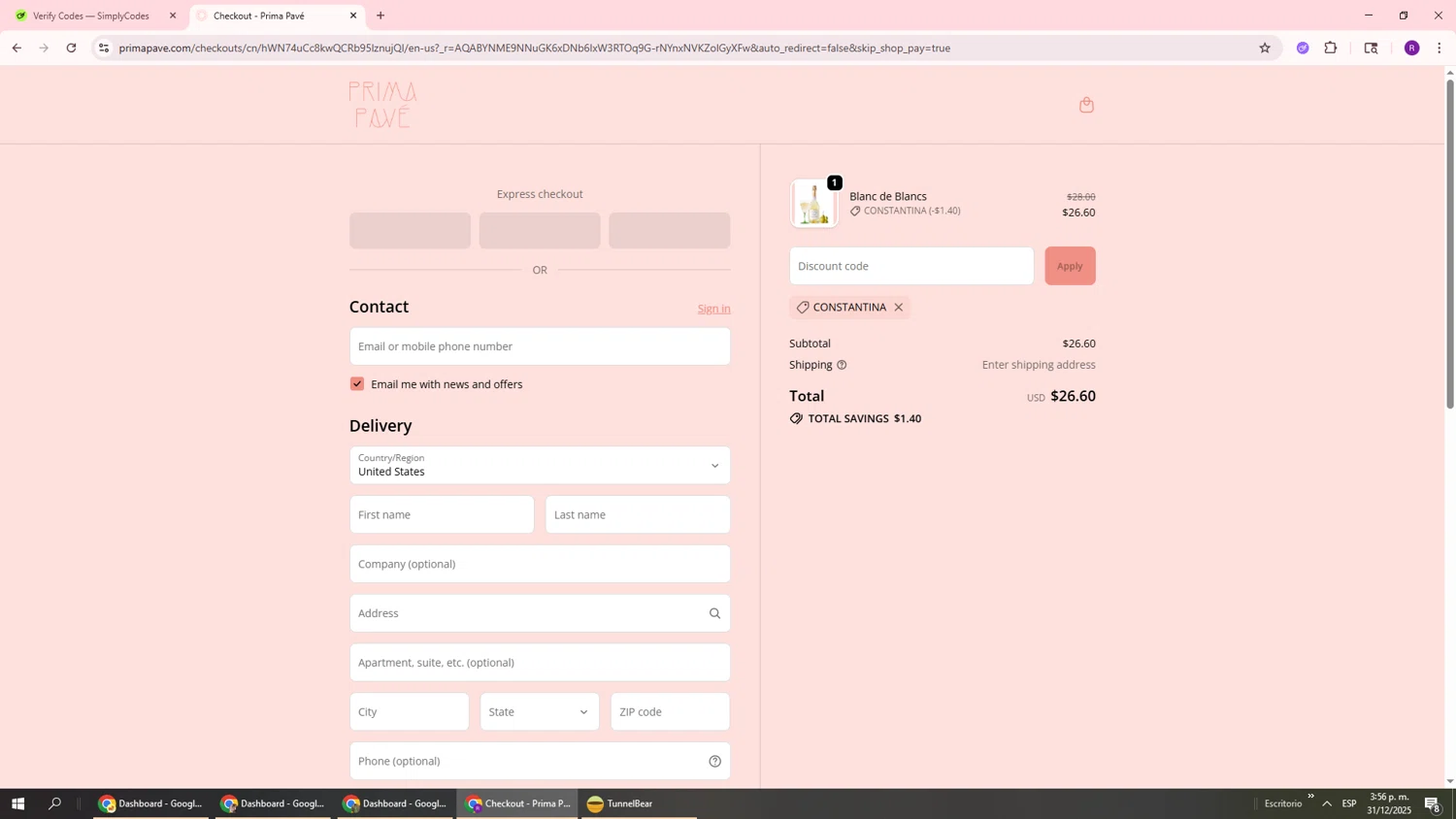 Prima Pave checkout page showing Prima Pave promo code box | Screenshot taken by SimplyCodes community member on Dec 31, 2025