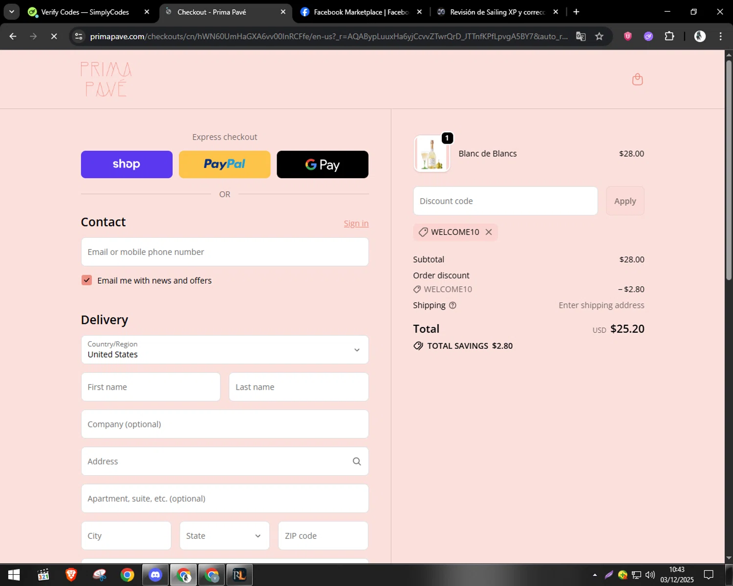 Prima Pave promo code screenshot showing code WELCOME10 applied at Prima Pave checkout page. Uploaded by SimplyCodes community member CleverSentinel9441 on Dec 3, 2025