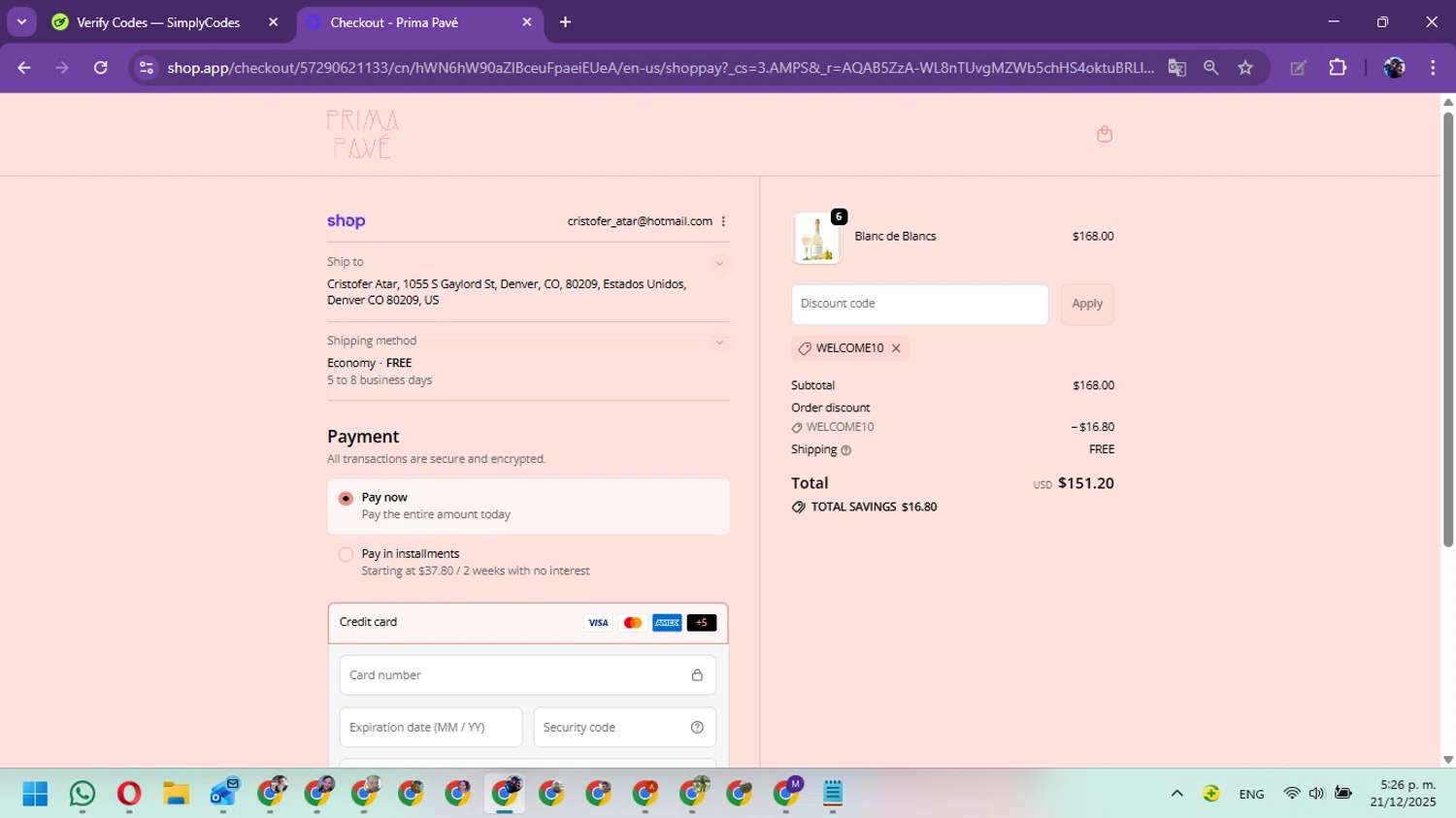Prima Pave promo code screenshot showing code WELCOME10 applied at Prima Pave checkout page. Uploaded by SimplyCodes community member Marielis on Dec 21, 2025