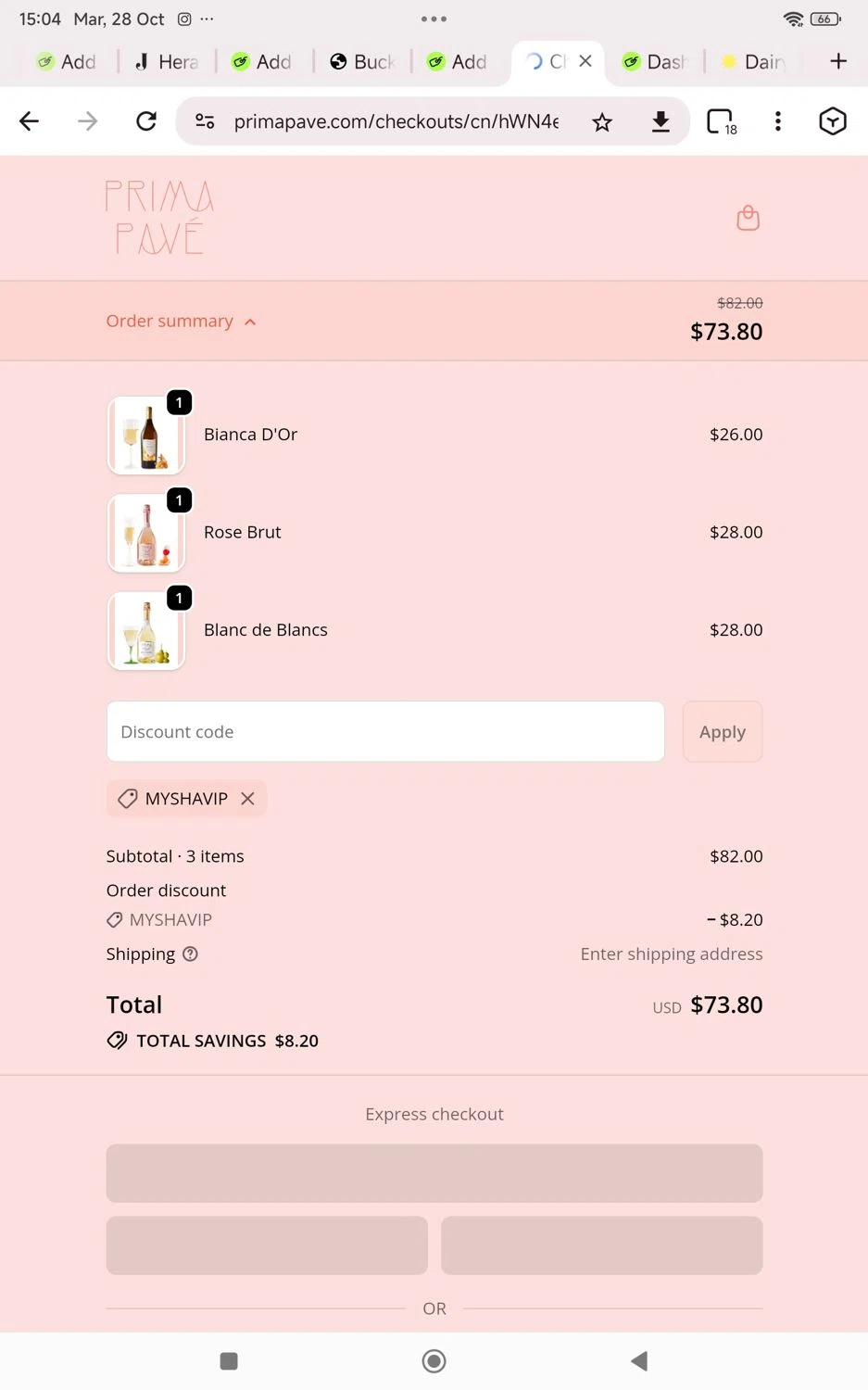 Prima Pave promo code screenshot showing code Myshavip applied at Prima Pave checkout page. Uploaded by SimplyCodes community member KarinaHZ on Oct 28, 2025