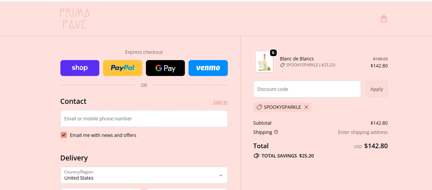 Prima Pave promo code screenshot showing code spookysparkle applied at Prima Pave checkout page. Uploaded by SimplyCodes community member shark12 on Oct 28, 2025