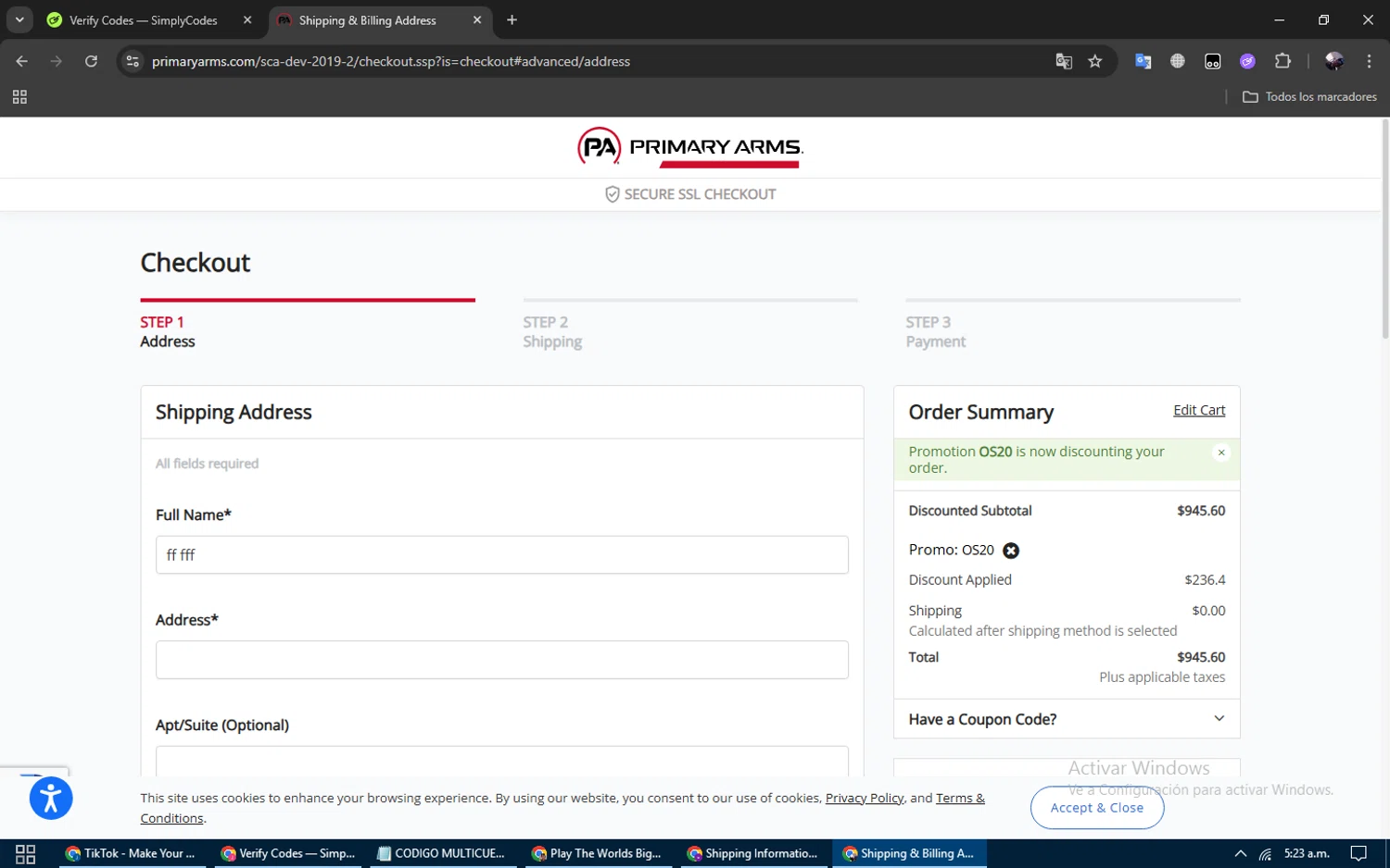 Primary Arms promo code screenshot showing code OS20 applied at Primary Arms checkout page. Uploaded by SimplyCodes community member gremirhernandez on Feb 1, 2026