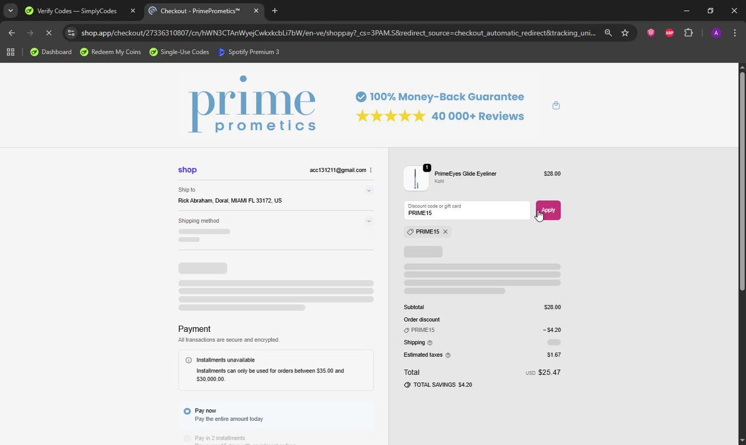 PrimeCausemetics promo code screenshot showing code PRIME15 applied at PrimeCausemetics checkout page. Uploaded by SimplyCodes community member DeathBone on Sep 20, 2025