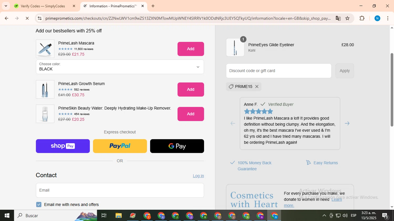 PrimeCausemetics promo code screenshot showing code PRIME15 applied at PrimeCausemetics checkout page. Uploaded by SimplyCodes community member CoinHawk678 on May 13, 2025
