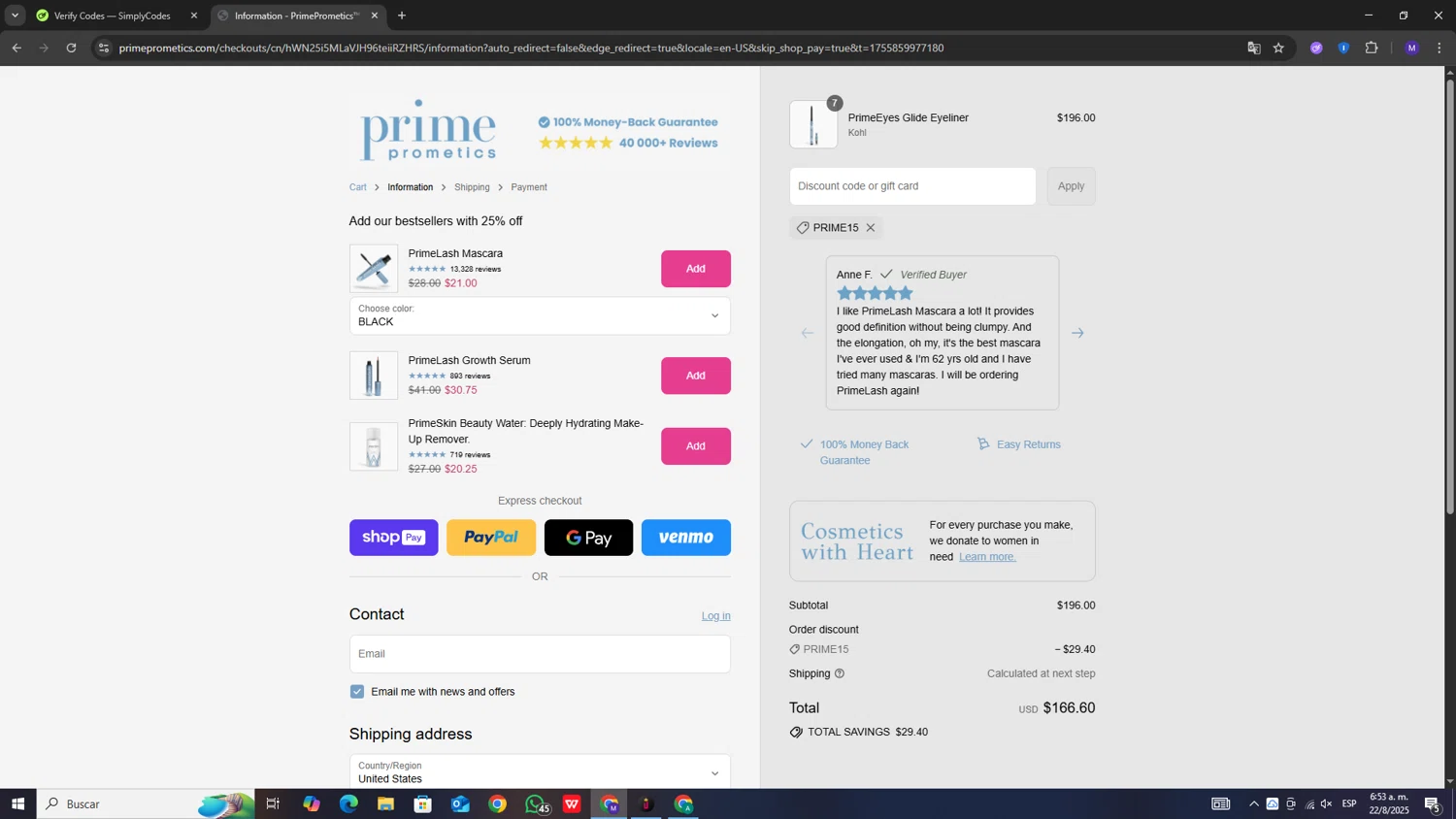 PrimeCausemetics promo code screenshot showing code PRIME15 applied at PrimeCausemetics checkout page. Uploaded by SimplyCodes community member dominictoretto on Aug 22, 2025