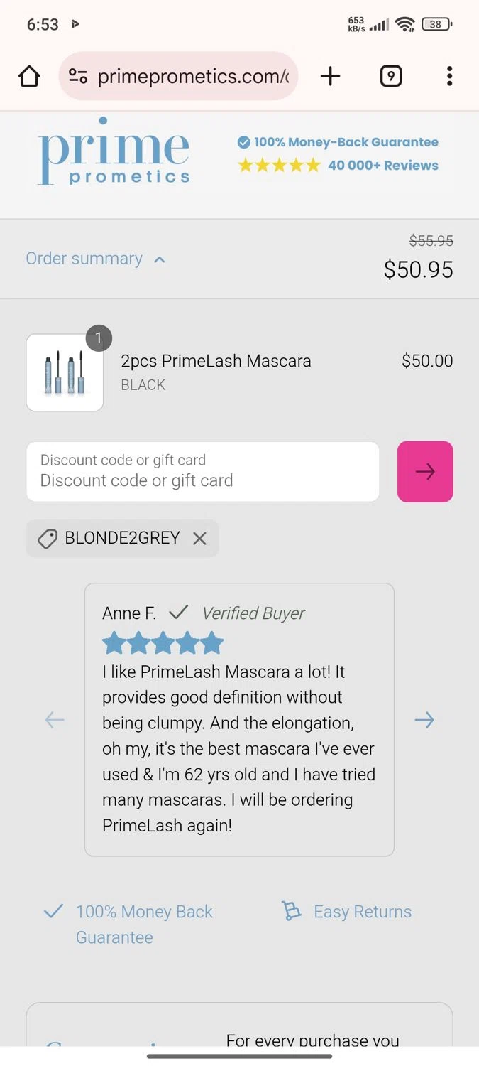 PrimeCausemetics promo code screenshot showing code Blonde2grey applied at PrimeCausemetics checkout page. Uploaded by SimplyCodes community member Esteban on Aug 22, 2025