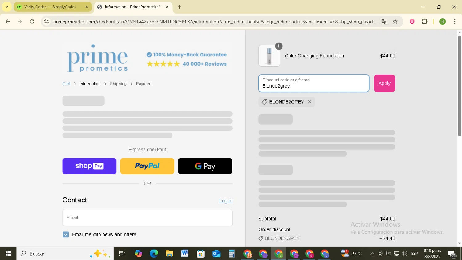 PrimeCausemetics promo code screenshot showing code Blonde2grey applied at PrimeCausemetics checkout page. Uploaded by SimplyCodes community member SavingsSentinel833 on Aug 9, 2025