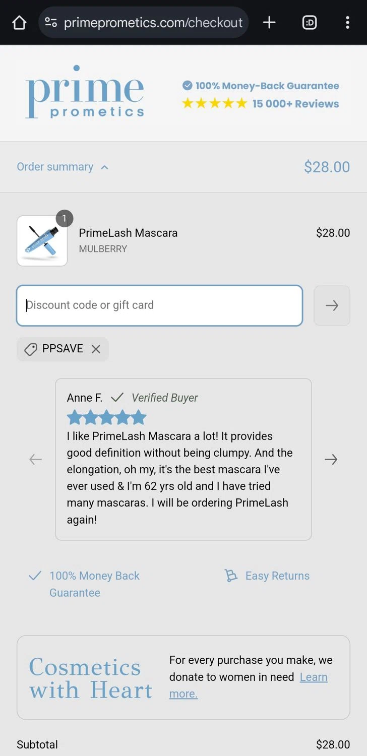 PrimeCausemetics promo code screenshot showing code PPSAVE applied at PrimeCausemetics checkout page. Uploaded by SimplyCodes community member KataldoMustafack on Mar 31, 2025