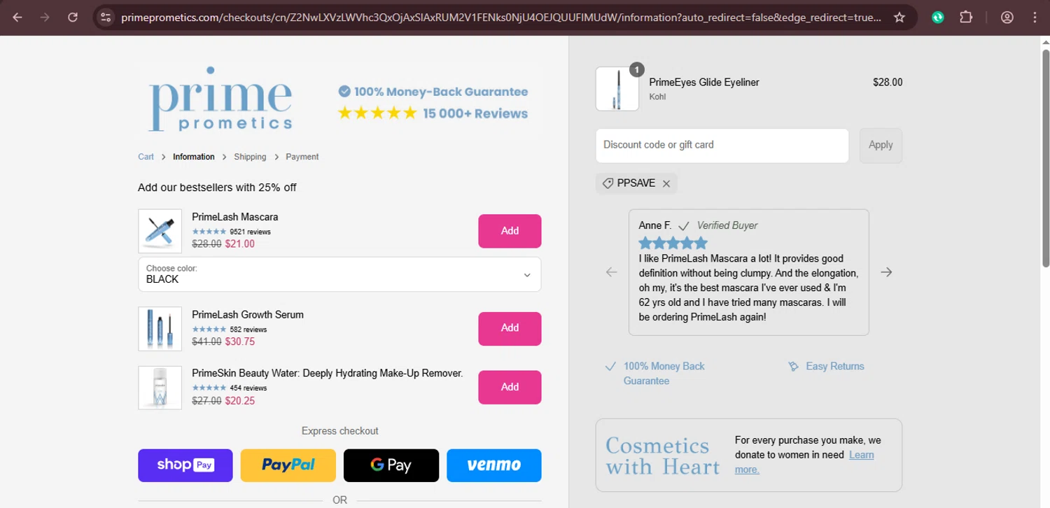 PrimeCausemetics promo code screenshot showing code PPSAVE applied at PrimeCausemetics checkout page. Uploaded by SimplyCodes community member xaswqe on Mar 11, 2025