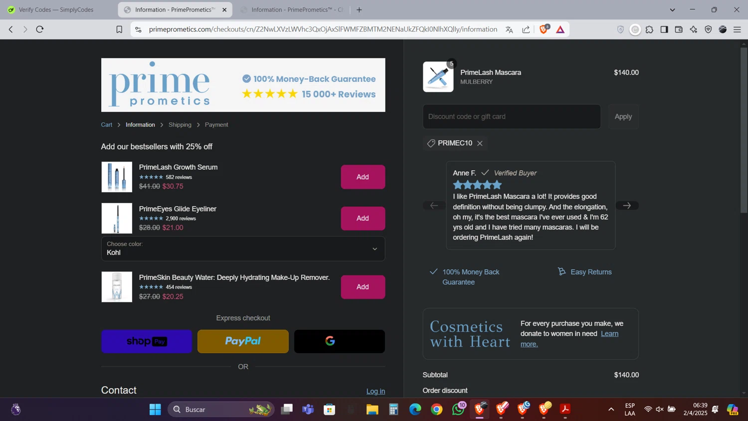PrimeCausemetics promo code screenshot showing code Primec10 applied at PrimeCausemetics checkout page. Uploaded by SimplyCodes community member Caraxes on Apr 2, 2025