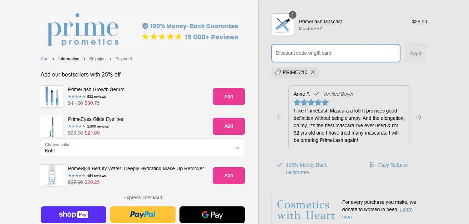 PrimeCausemetics promo code screenshot showing code Primec10 applied at PrimeCausemetics checkout page. Uploaded by SimplyCodes community member LukaModric10 on Apr 2, 2025