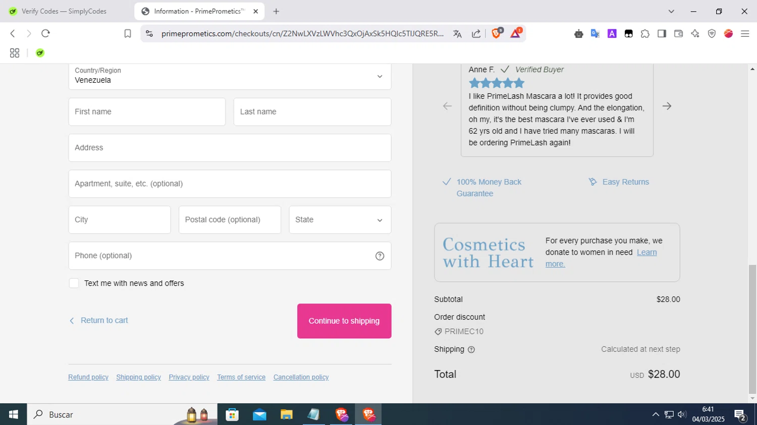 PrimeCausemetics promo code screenshot showing code Primec10 applied at PrimeCausemetics checkout page. Uploaded by SimplyCodes community member FrugalKnight7213 on Mar 4, 2025