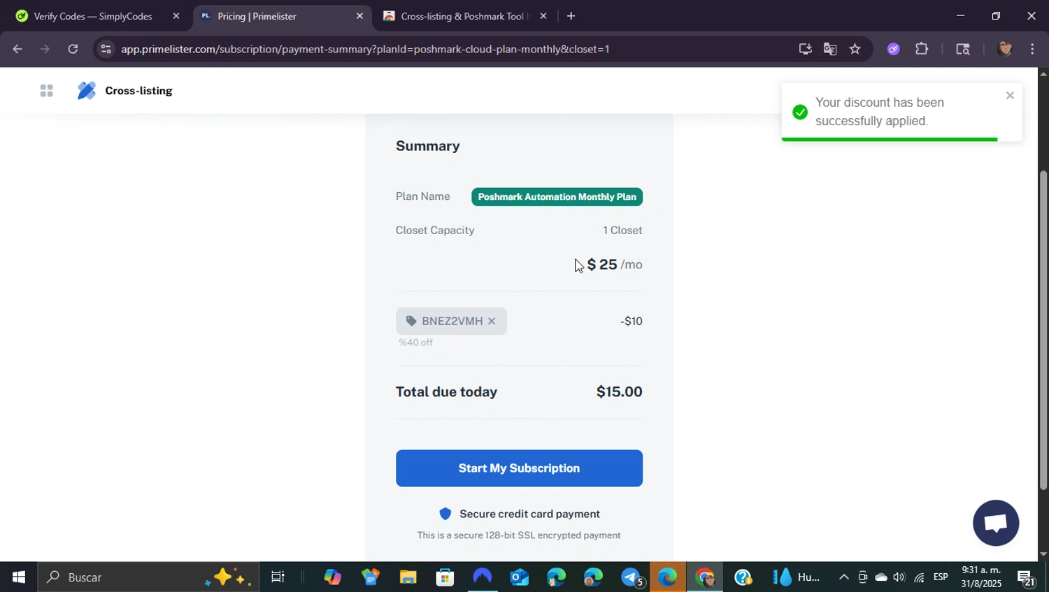 PrimeLister discount code screenshot showing code BNEZ2VMH applied at PrimeLister checkout page. Uploaded by SimplyCodes community member ShieldEagle9436 on Aug 31, 2025