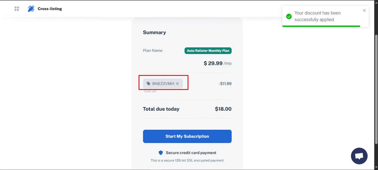 PrimeLister discount code screenshot showing code BNEZ2VMH applied at PrimeLister checkout page. Uploaded by SimplyCodes community member noworries on Jul 5, 2025