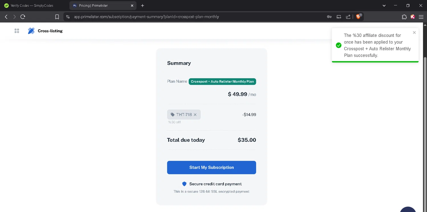 PrimeLister discount code screenshot showing code THT-718 applied at PrimeLister checkout page. Uploaded by SimplyCodes community member JosephStevens774 on Jun 26, 2025