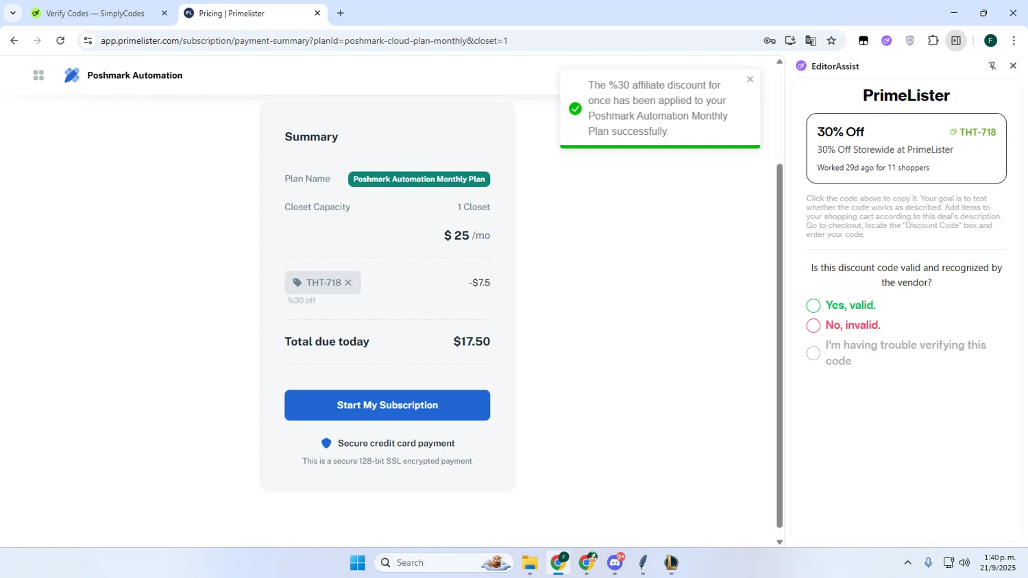 PrimeLister discount code screenshot showing code THT-718 applied at PrimeLister checkout page. Uploaded by SimplyCodes community member Juanse on Sep 21, 2025