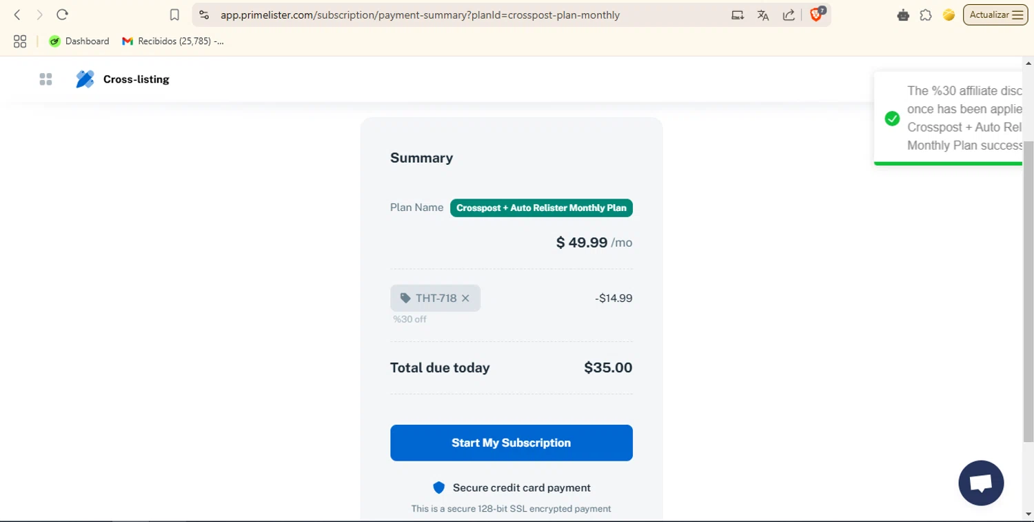 PrimeLister discount code screenshot showing code THT-718 applied at PrimeLister checkout page. Uploaded by SimplyCodes community member popeyemalkovich on Mar 31, 2025